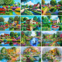 Quadrado completo/redondo 5d diamante bordado casa mosaico arte diy pintura diamante paisagem lago ponto cruz primavera decoração de casa 2024 - compre barato