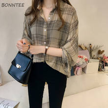 Shirts Women Casual Simple Single Breasted Plaid Korean Style Loose Long Sleeve Trendy All-match Elegant Young Ladies Ins Soft 2024 - buy cheap
