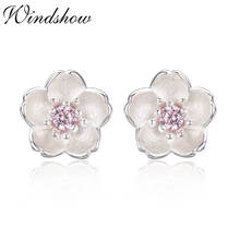 Cute 925 Sterling Silver Cherry blossoms Flower Set Pink CZ Stud Earrings For Women Girls Kids Jewelry Orecchini Aros Aretes 2024 - buy cheap