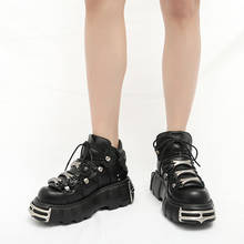 2022 Womens Round Toe Platfrom Gothic Punk Boots Shoes Rock Metallic Creepers High Heel Japanese Harajuku Genuine Leather Black   2024 - buy cheap