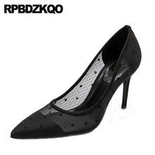 Size 33 Big Polka Dot Thin Fashion Black Scarpin 2021 Medium Heels Pointed Toe Luxury Shoes Women Designers Mesh Pumps 4 34 High 2024 - buy cheap