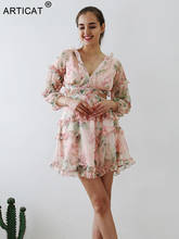 Articat Summer Chiffon Floral Ruffle Mini Dress Women Long Lantern Sleeve Lace Up Hollow Out Dresses Ladies V-neck Beach Dress 2024 - buy cheap