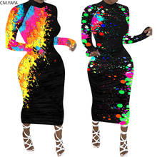CM.YAYA Women Colorful Painting Print Bodycon Midi Long Dress Office Lady Club Night Sexy Party Maxi Bandage Dresses Vestidos 2024 - buy cheap