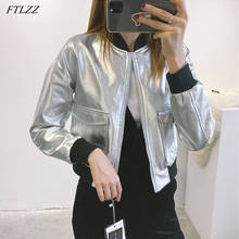 FTLZZ  New Autumn Women Short Silver Pu Faux Leather Jacket O-neck Zipper Long Sleeve Motorcycle Biker Slim Coat Outwear 2024 - buy cheap