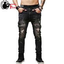 Men's Ripped Biker Jeans Black Slim Fit Motorcycle Jeans Men Vintage Distressed Denim Jeans Pants 2024 - buy cheap
