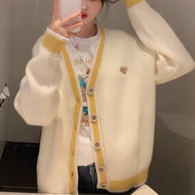 2022 Autumn Long Sleeves Women Cardigan Sweater Embroidery Cute Bear Knitted Tops Girls Korean Style Chic Loose Yellow Outwear 2024 - buy cheap