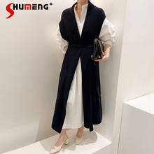 2022 Spring New Korean Style White Long Shirt Dresses Black Knit Cardigan Vest Women's Loose Casual Dress Suit Two Piece Sets 2024 - buy cheap