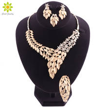 Elegante conjuntos de jóias de casamento nupcial da cor do ouro para as mulheres folha-forma colar brincos pulseira anel conjuntos 2024 - compre barato