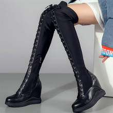 Zapatos de tacón alto con cuña para mujer, botas por encima de la rodilla de cuero genuino con cordones, de tela elástica, a la moda, 2021 2024 - compra barato