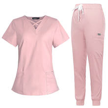 Wholesale Price Joggers Scrubs Set for Women Pet Hospital Uniform Solid Color Scrub Suits Surgical Gown Multiple Pockets V-neck 2024 - buy cheap