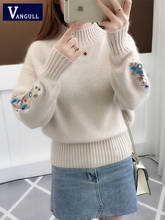 Vangull Fashion Khaki Knitted Sweater Women Floral Embroidery Thick Pullovers Female Long Sleeve Half Turtleneck Ladies Sweaters 2024 - buy cheap