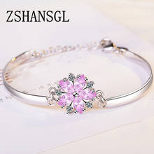 Genuine S925 Stamp Silver Color Luminous Pink Daisy Flower Women Bracelets Clear CZ Crystal Fashion Bracelet Jewelry Making Gift 2024 - buy cheap