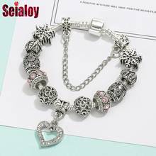 Seialoy New Silver Plated Pink Heart Pendant Charm Bracelets For Women Original Girls Princess Beaded Bracelet Family Jewelry 2024 - buy cheap