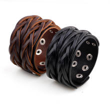 Kirykle-pulsera ancha de cuero genuino para hombre, brazalete ancho marrón, pulsera Vintage Punk, regalo de joyería masculina 2024 - compra barato