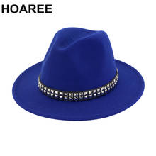 Женская шерстяная шляпа HOAREE Fedora, темно-синяя шляпа в стиле джаз с заклепками и широкими полями, осенне-зимняя фетровая шапка 2024 - купить недорого