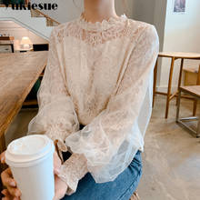 Blusa feminina renda moderna costura, camisa blusa malha elegante manga lanterna branca chiffon plus size 2024 - compre barato