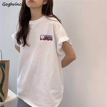 Camisetas femininas de algodão estampadas, blusas largas de algodão, estilo coreano simples, elegantes para estudantes e outwear feminina 2024 - compre barato