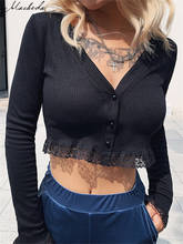 macheda elegant solid Ribbed Knitted  lace edge crop top 2019 sexy v-neck Slim Fit top fashion casual  Small coat 2024 - buy cheap