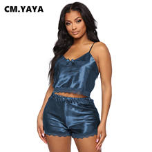 CM.YAYA Satin Women Two Pieces Sets Tracksuits Lace Strap Sleep Tee Tops Shorts Leggings Suit Sporty Fitness 2 Pcs Outfit 2024 - buy cheap