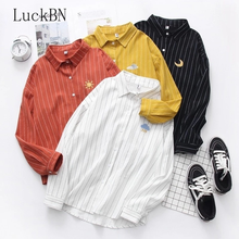 New Cotton Linen Spring Autumn Blouse Women Kawaii Weather Embroidery Ladies Sweet Striped Tops Shirt Korean Loose Blusas Mujer 2024 - buy cheap