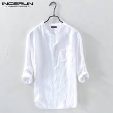 INCERUN Men Shirt Cotton 3/4 Sleeve Stand Collar Harajuku Tops Solid Color Vintage Brand Shirts 2021 Streetwear Camisa Masculina 2024 - купить недорого