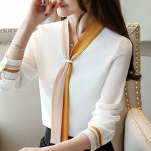 Blusa de chifón de manga larga con cuello en V para mujer, camisa femenina con lazo, cuello en V, C35, 2021 2024 - compra barato