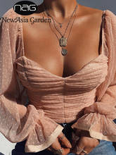 Женская сетчатая блузка NewAsia Garden, розовые топы с вырезом сердечком, рукавами-фонариками и рюшами, винтажные рубашки 2024 - купить недорого