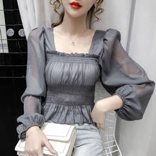 Autumn New Fashion Elegant Square Collar Long Sleeve Wooden Ear Long-Sleeved White Shirt Tops Women Blouse P025 2024 - buy cheap