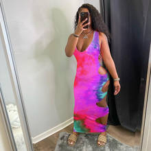 Hipster Rainbow Tie Dye Print Tight Sundress Women Sexy Deep V Neck Sleeveless Party Dress Summer Side Hollow Out Maxi Dress 2024 - buy cheap