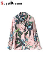 SuyaDream-Blusa con estampado Floral para mujer, camisa de seda crepé de manga larga con cuello de lazo abotonado para oficina, 100%, Primavera 2024 - compra barato