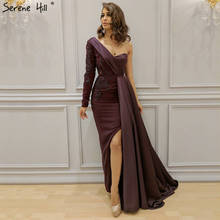 Purple Sexy One Shoulder Long Sleeves Satin Lace Evening Dresses 2022 Mermaid Beading Formal Gown Serene Hill BLA70318 2024 - buy cheap