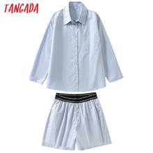 Женский спортивный костюм Tangada, из 2021 хлопка, полосатая Свободная рубашка и шорты, комплект из 2 предметов, блузка с длинным рукавом и штаны, 6L37, 100% 2024 - купить недорого