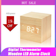 Termômetro digital de madeira com led, despertador de mesa com controle de voz e luz de fundo, relógio despertador luminoso 2024 - compre barato