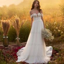 2021 Bohemian A Line Wedding Dresses Lace Top Off Shoulder Long Tulle Bridal Gowns vestido de novia Train 2024 - buy cheap