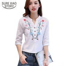 Blusa informal de algodón con media manga para verano, camisa de lino con cuello en V para mujer, D377 30 2024 - compra barato