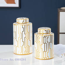 Ceramic Vase Storage Tank with Cover Golden Stripe Geometry Desktop Storage Organization Ornaments Home Decoration Crafts 2024 - buy cheap
