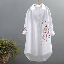 Женская длинная рубашка с цветочной вышивкой, белая Свободная рубашка из 2020 хлопка с длинными рукавами, весна-лето 100% 2024 - купить недорого
