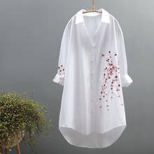 Long Women White Shirts 2022 Spring Summer New 100% Cotton Loose Flower Embroidery Long-Sleeved Bottoming Shirts Tops 2024 - buy cheap