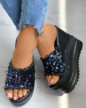 Sandálias peep toe lantejoulas com franjas, sapatos de salto plataforma com brilho, casual para o ar livre, sapatos femininos, verão, 2020 2024 - compre barato
