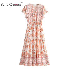 Boho Queens Women Floral Print  V-neck Sashes Bohemian Midi Dress Ladies Ruffle Sleeve Happie Dresses Robe Vestidos 2024 - buy cheap