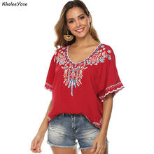 Красная блузка KHALEE YOSE с цветочной вышивкой, хлопковая рубашка в стиле бохо, мексиканская рубашка в стиле хиппи, с коротким рукавом, размера плюс 23xl, этническая рубашка хиппи 2024 - купить недорого