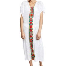 2022 Indie Folk Embroidered Summer Women Beach Wear Kaftan Casual Long Dress Cotton Tunic Short Sleeve Long Robe De plage N779 2024 - buy cheap