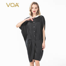 VOA-vestido de seda negro, vestido suelto hasta la rodilla, diseño Irregular, manga de murciélago, cuello vuelto, botonadura única, AJ027 2024 - compra barato