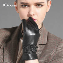 Luvas de couro genuíno gsl034, luvas com dedos quentes de couro de cabra genuíno preto, moda feminina 2024 - compre barato