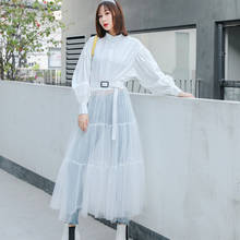 2022 Summer New Fashion Long Dress Women Long Sleeve Cotton Patchwork Mesh Party Dress Sashes Elegant Black White Maxi Dress 2024 - buy cheap