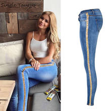 Jeans feminino listrado com cintura baixa, jeans skinny para mulheres bordado slim com lantejoulas douradas 2024 - compre barato