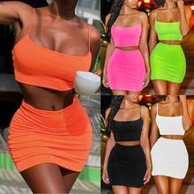 Neon Green Backless Dress Two Piece Set Club Outfit Women Spaghetti Strap Crop Top And Mini Skirt Sexy Summer 2024 - buy cheap