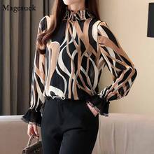 2020 Autumn Chiffon Slimming Flare Long Sleeve Blouse Women Loose Print Stand-up Collar Shirt Pullover Lace Spliced Shirts 11383 2024 - buy cheap