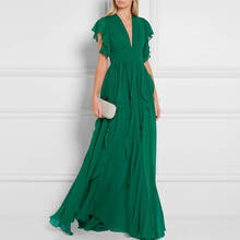 Женское винтажное длинное вечерние оборками, элегантное зеленое вечернее платье-макси с V-образным вырезом и плиссировкой, шифоновое модельное платье, 2021 2024 - купить недорого