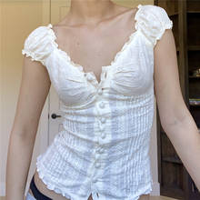 Dourbesty Kawaii White Corset Top 2000s T-Shirts Lace Trim Vintage Harajuku Button V Neck Slim Pullovers Tees y2k Milkmaid Top